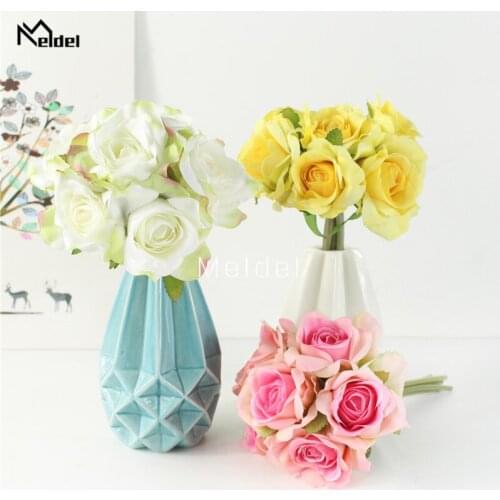 Meldel Bridesmaids Bouquet Wedding Artificial Flower 6 Heads Silk Rose Flower Girl Bouquets Fake Rose Home Party Wedding Decor