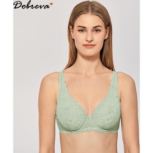 DOBREVA Womens Sexy Lace Bralette Plunge Unlined Underwire Bra Plus Size A-F Cup
