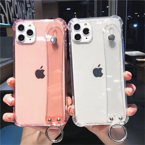 Ottwn Clear Glitter Wrist Strap Phone Case For iPhone 11 12 Pro Max 8 7 Plus XR XS Max SE2020 Four Drop Soft TPU Case Back Cover