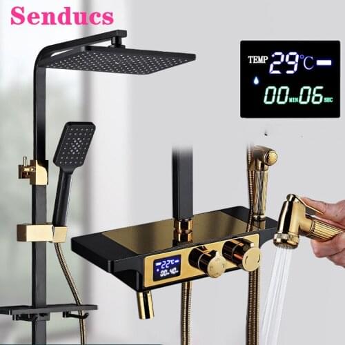 Bathroom Shower Set Senducs Black Gold Bath Shower System 12 Inch Rainfall Shower Headd Wall Mounted Digital Bathroom Shower Set