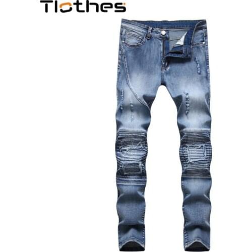 Streetwear Mens Motorcycle Jeans Pants Slim Fit Stretch Denim Pants Men Trousers Blue Denim Jeans Casual Ripped Pleated Jeans