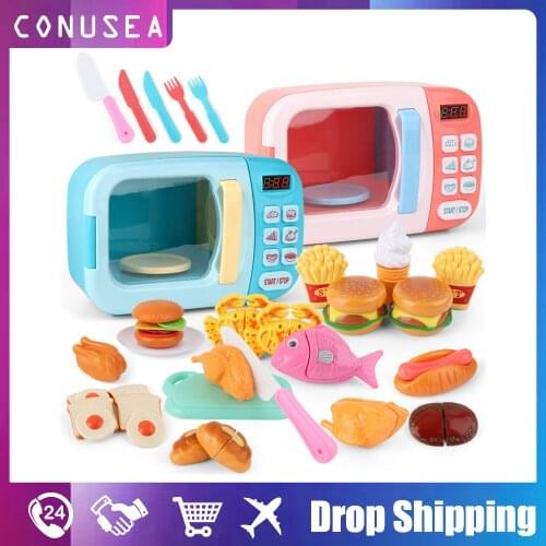 Simulation Mini Kitchen Pretend Play Food Cutting Microwave Oven Childrens Play House Cooking Interactive Toys for Girls Gift