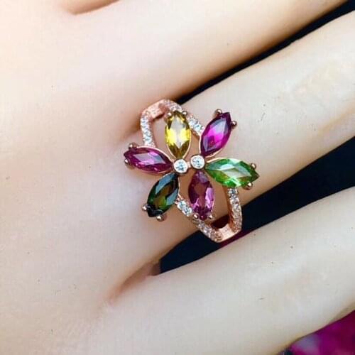 Tourmaline ring Natural real tourmaline 3*6mm*6pcs gemstone Per jewelry 925 sterling silver Flower style