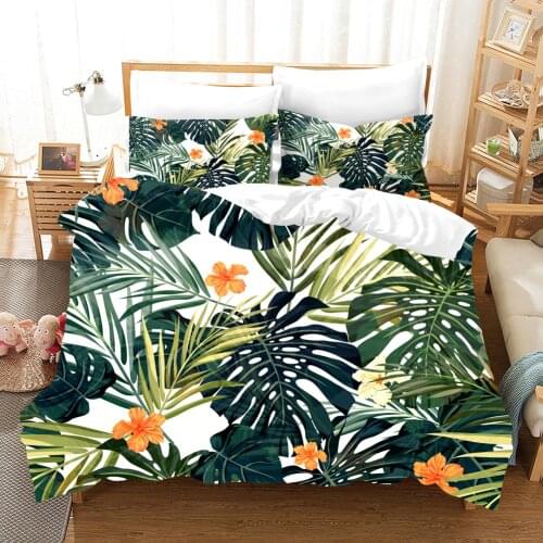 3D Bedding Set Tropical Plants Print Duvet Cover Set Green Leaves Bedclothes with Pillowcase Bed Set 2/3pcs Soft Home Textiles