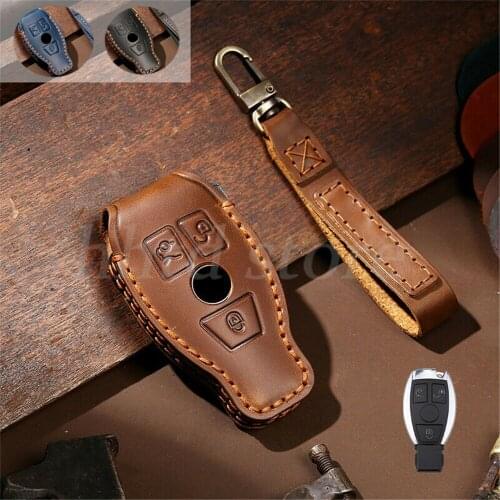 Genuine Leather Car Remote Key Fob Holder Cover Shell Skin Holder Case Chain For Mercedes Benz 3 Buttons Accessories Styling
