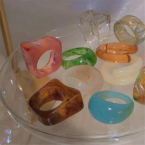 2021 Summer Geometric Square Acrylic Resin Rings For Women Girls Irregular Marble Pattern Colorful Transparent Ring Jewelry