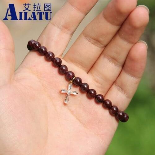 Ailatu Nice Fashion Clear Zircons Cross Bracelet 6mm Natural Garnet Stone Beads with Micro Paved Wheel Spacer