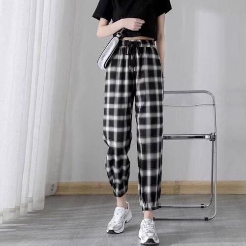 Newest Fashion Spring Girls Vintage Plaid Pants Fat Womens Plus Size Ladies Wide Leg Sweatpants Casual Female Summer Trousers
