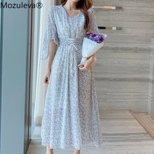 Mozuleva New Summer Bohemian Floral Print Women Long Dresses Female Chic Chiffon V-Neck High Waist Casual Loose Dress Plus Size