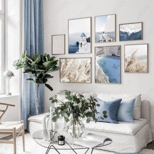 Fresh Nature Sea View House Poster Blue Sky Decoration Wallpaper Home Canvas Painting Wall Art for Bedroom Living Room