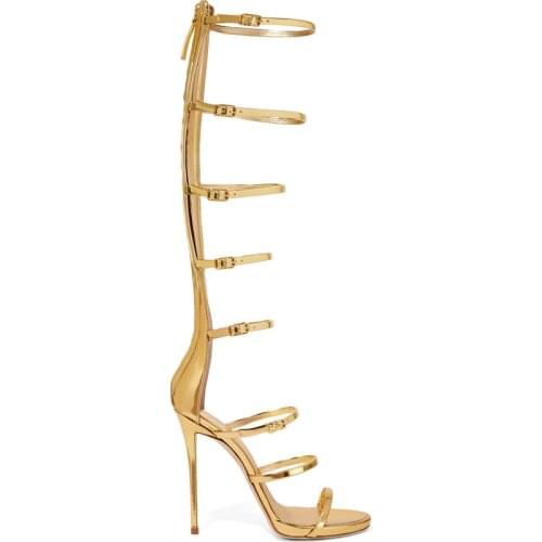 Women fashion sandals knee-high open toe super high thin heels buckle strap cutouts women gladiator sandals dress shoes gold