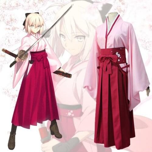 Snailify Fate/Grand Order Okita Souji Saber Cos Cosplay Kimono Halloween Costume For Women Synthetic Hair Short Wig