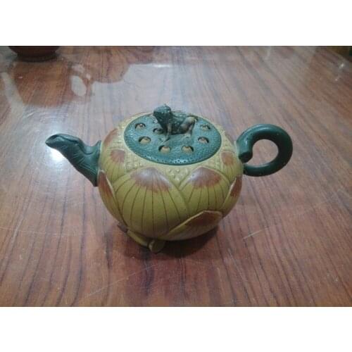 Old Chinese Handcraft Enameled YiXing Zi Sha Clay (blue stoneware) Teapot ,Frog & Lotus,no 60,with mark,Free shipping