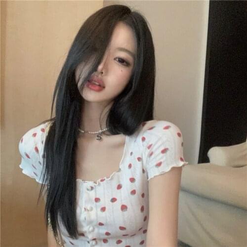 Strawberry Floral T-shirt Womens Summer Square Collar Pure Sensual Style Sexy Short Tight 2021 New Short Sleeve Top