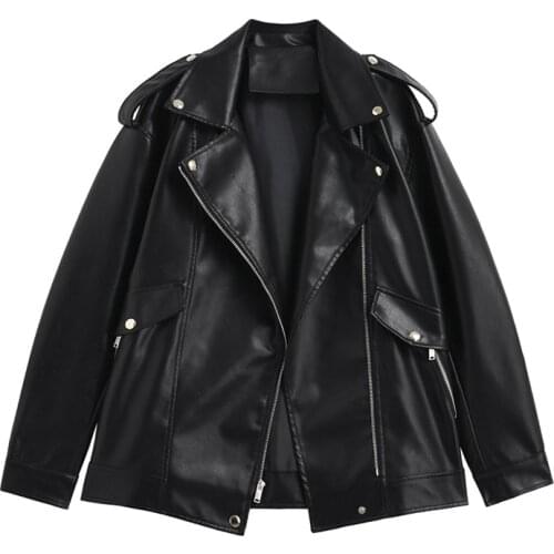 Streetwear Loose Lapel Chic Epaulettes Women Khaki Fake Leather Jacket Korean Long sleeves Biker Jacket Autumn Casual Punk coat