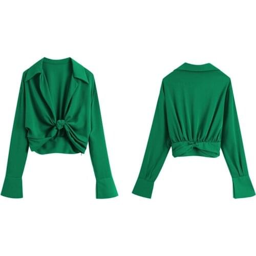 Women Fashion Turn Down Collar Knitted Green Color Smocked Blouse Female Long Sleeve Slim Shirt Chic Crop Tops