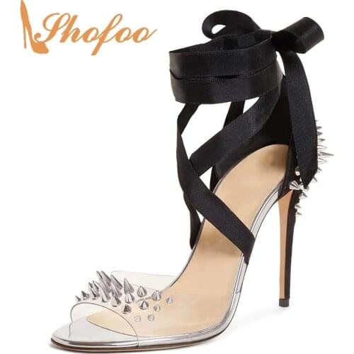 Luxury Brand Rivets Cross-Tied Stilettos PVC Lace Up Sandals High Thin Heels For Ladies Evening Clear Big Size 42 45 Woman Shoes