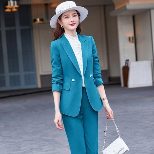 High Quality Fabric Autumn Winter Elegant Blue Formal Women Business Suits Professional Blazers OL Styles Trousers Set
