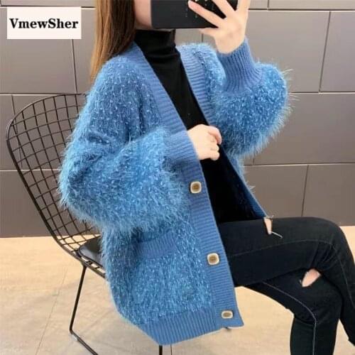 VmewSher 2021 Autumn New Knit Female Cardigan Loose Streetwear Knit Sweater Coat V Neck Knitted Cardigan Women Jacket Oversize