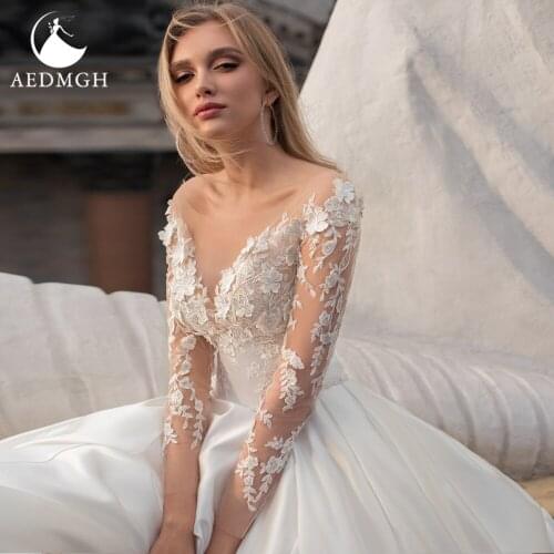 Aedmgh A-Line Satin Wedding Dresses 2021 Sweetheart Long Sleeve Vestido De Novia Lace Appliques Bridal Gown Robe De Marige