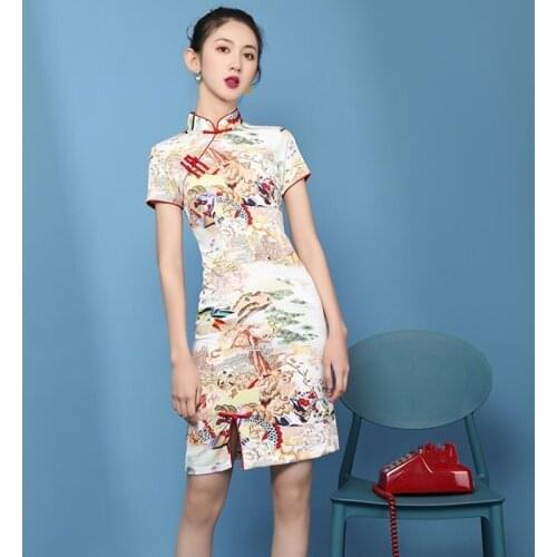 2021 New Vintage Chinese Dress Qipao Traditional Casual Party Women A-Line Dress Short Sleeve Summer Cheongsam Dresses V1956