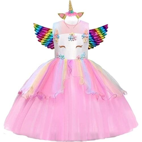 2021 Child Unicorn Menina Dresses Rainbow Ball Gown Summer Girls Clothes Tutu Kids Princess Dress Birthday Party Vestidor Robe