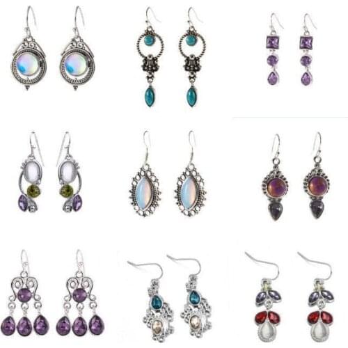 2021 Wholesale Fashionable Colored Gemstone Earrings for Women Silvery Jewelry with Water Drop Shaped Moonstone Female Eardrop