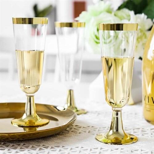 5.5 OZ 150ml Plastic Gold Rimmed Champagne Flutes Transparent Wedding Cups Heavy Duty Fancy Party Glass Drinking Utensils 12pcs