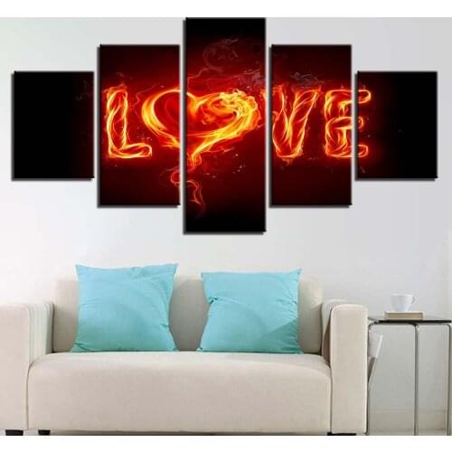 HD Printed Pictures Framework Canvas Wall Art Home Decoration 5 Pieces Flame Heart Shape LOVE Painting Posters For Living Room