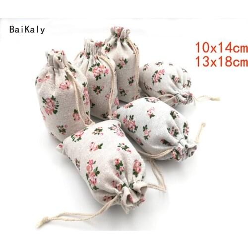 50pcs/lot Flower Printing Bag Cotton Linen Bag Drawstring Pouch Jewelry Packaging Bags Wedding Party Favor Gift Bags Supplies
