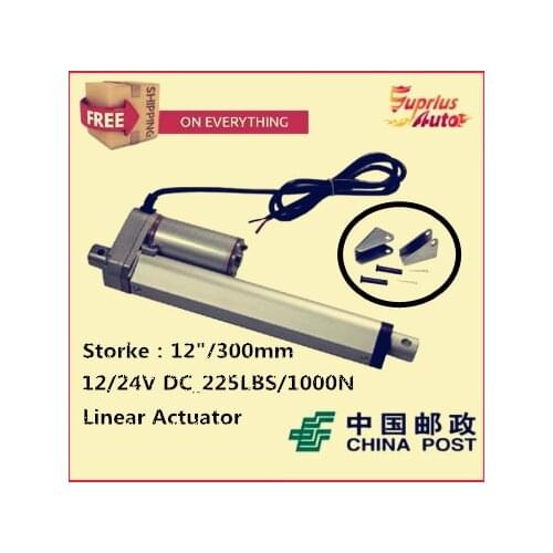 Free Shipping high quality 12"/300mm Stroke 12/ 24v electric linear actuator, Max Load 1000N/225LBS/100KGS linear actuator