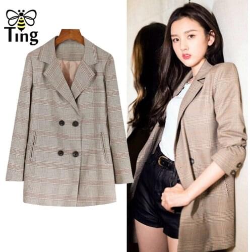 Tingfly Winter Autumn New Designer Plaid Blazer coat Women Casual double breasted suit Blazer overcoat ourterwear Streetwear