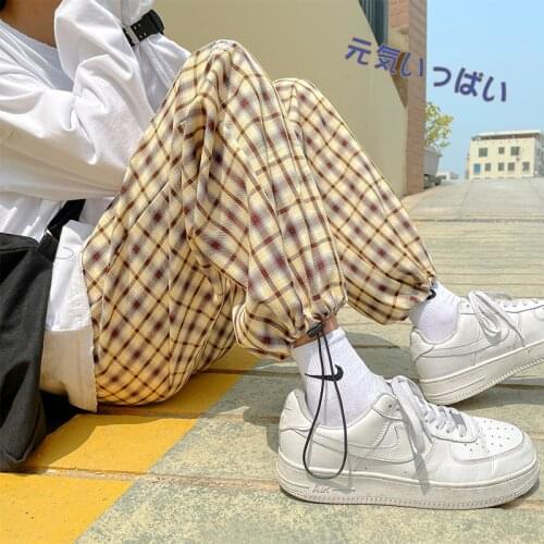 Summer Plaid Drawstring Pants Mens Korean Fashion Loose Casual Pants Mens Harajuku Streetwear Wide-leg Straight-leg Pants Men
