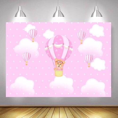 Brown Litte Bear Girl Birthday Party Background Decoration Pink Hot Air Balloon Baby Shower Backdrop Photography White Cloud