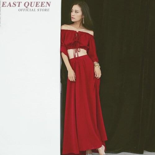 Summer bohemian women dress suits hollow out off the shoulder Mexican beach dress slash neck long sexy two-piece suits DD355 F