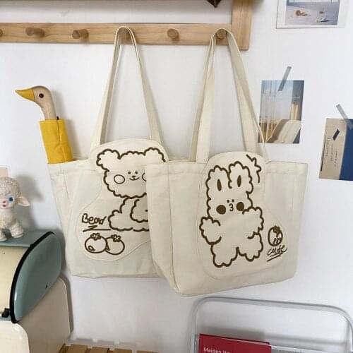 Lovely Cartoon Bear Women Canvas Shoulder Bag Simple Student Girls Cute Casual Tote Handbags Large Capacity Ladies Shopping Bags