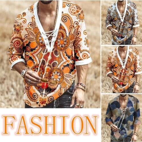 2021 European American Men Clothes Mens Chest Lace-up Short Sleeved Printed T-Shirt Casual V-Neck Mens Dress Shirts