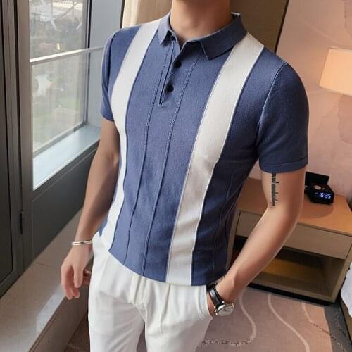 2021 Men Polo Shirt Male Summer Contrast Color Striped Knitted Ice Silk Polo Male Pullover Turn-down Collar Slim-fit Tops B25