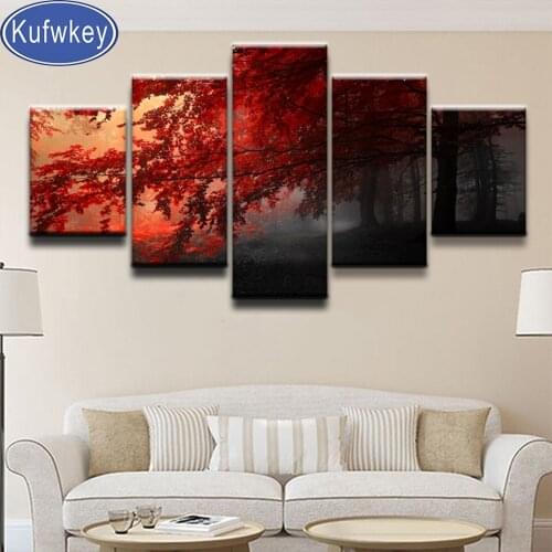 5 Panels Fall Forest Red Tree fog Paintings diamond Embroidery full Diamond Painting Rhinestone 100% Square Round drills Mosaic