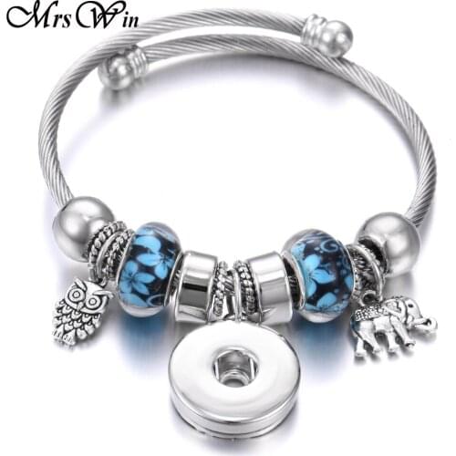 New Snap Jewelry Beaded Snap Bracelets 18mm Snap Cuff Bracelet Bangles Fit 18MM Snaps Jewelry Owl Elephant Charms Beads Bracelet
