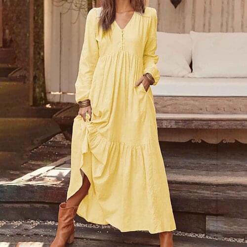 Autumn Winter Dresses Women Long Button Cotton Hemp Pure Color Lantern Sleeve A-line Elegant Vintage V Neck Dresses for Female