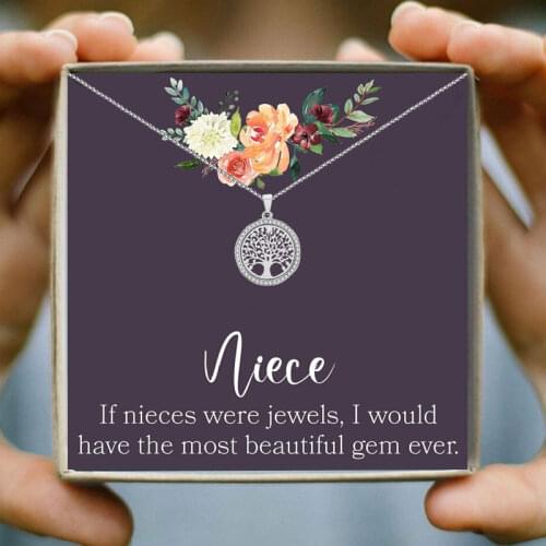 Tree of Life Crystal Zircon Pendant Necklace Wishing Card Chain Necklaces Women Sweater Jewelry Christmas Gift to My Niece