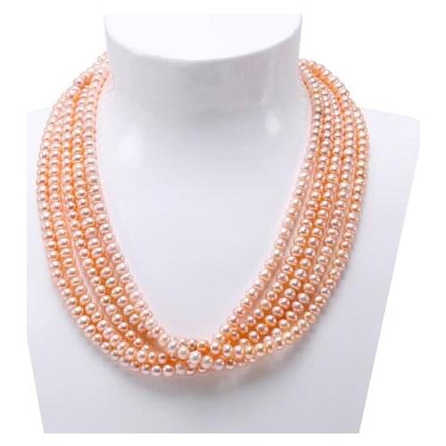 5 Strands 6mm pink pearl necklace magnet clasp natural freshwater pearl Woman Jewelry Gift 35cm 43cm 14'' 17