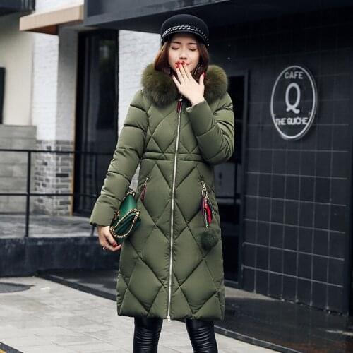 Invierno Womens Cotton Clothing Mid-length Hooded Big Fur Collar Thickened Padded Winter Fashion Casual Slim Cotton Coats Z771