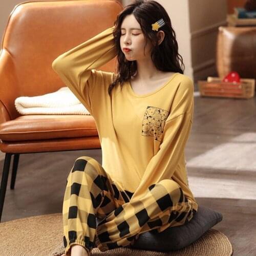 Full Cotton Sweet Cartoon Printed Women Loose Pajamas Set Full Sleeve Round Collar Plaid Sleepwear Comfort Loose Casual Wear