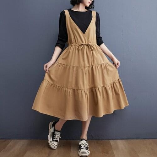 Korea Style Sleeveless Sweet Girls Chic Strap Dress 2021 New Arrival Cotton Draw String Fashion Women Casual Cupcake Dress
