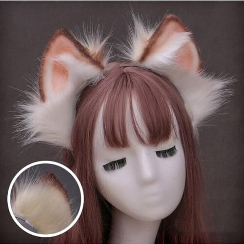 Furry Plush Foldable Wolf Cat Ears Headband Contrast Color Simutation Animal Hair Hoop Japanese Lolita Cosplay Headpiece