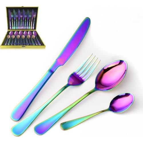 Luxury Western Main Fork Rainbow Stainless Steel Cutlery Coffee Soup Scoop Dinner Steak Knife Household Tableware 16/24pcs/set