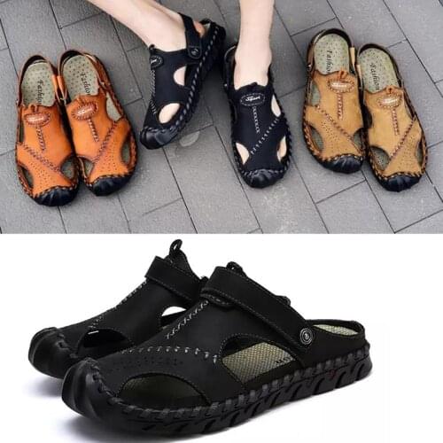 Mens Summer Leather Sandals Cap Toes Breathable Slippers Big Size EU 38-48 Shoe Outdoor Beach Sandals Soft Casual Shoes Male