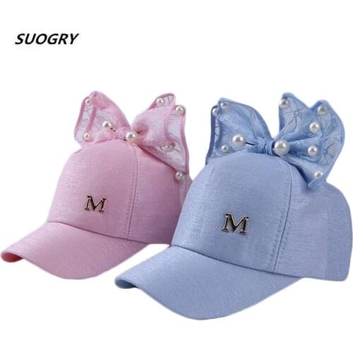 SUOGRY Children Baseball Cap Baby Summer Hat Rabbit Ear Pearl Big Bow Kids Sun Hats Girls Snapback Hip Hop Caps